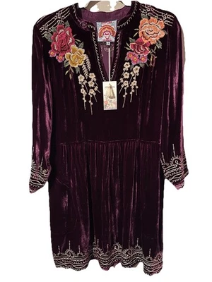 VESTIDO DE TERCIOPELO JOHNNY WAS Talla-S ciruela floral bordado boho l/s rayón/seda Foto 1 de 4