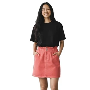 Forever 21 Women's Jean Mini Skirt S Coral Pink Paperbag Elastic Waist Denim NWT - Picture 1 of 8