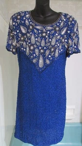 Vintage 80s Laurence Kazar Blue Silk Bejeweled Cocktail Party Evening Dress XXL - Picture 1 of 3