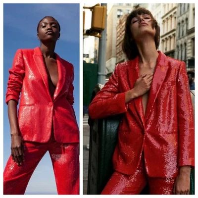 ZARA Women’s M Red Sequin Blazer Holiday Sparkling Shiny - Image 1 of 4