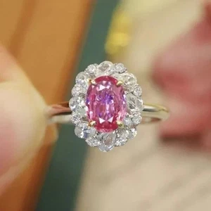Oval Cut Simulated Pink Sapphire Engagement Band Ring In 14k White Gold Plated - Picture 1 of 5
