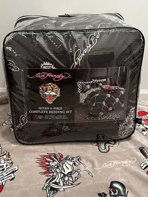 Ed Hardy Queen 8шт одеяло комплект черный кричащий тигр череп розы новый с Ярлыками - Изображение 1 из 4