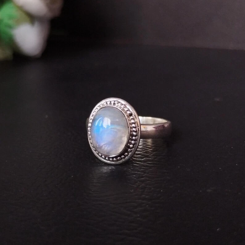 Anillo De Piedra Lunar Arcoíris Natural, Anillo De Piedra Lunar Azul Fuego, Anillo De Plata Hecho A Mano, Plata De Ley 925, Piedra Lunar Redonda, Regalo Para Ella, Anillo De Promesa