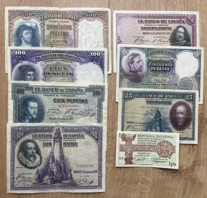 IBERMONEDA| España. De 1 a 100ptas. 1925-1937 8 billetes MBC, EBC - Picture 1 of 2