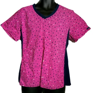 Cherokee Flexibles Scrub Top Pink Polka  Dots Navy Blue Trim Women's Size Large - Picture 1 of 4