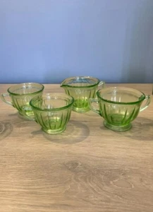 Vintage Federal Green Depression Glass Colonial Fluted Rope Tea Set For 2 - Picture 1 of 10