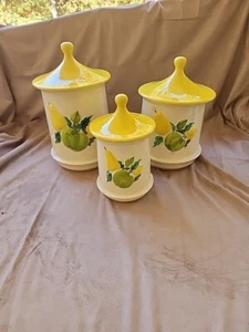 Vintage MCM Ceramic Green Yellow Pear Fruit Glaze Canister Set By Holiday Design - Picture 1 of 24