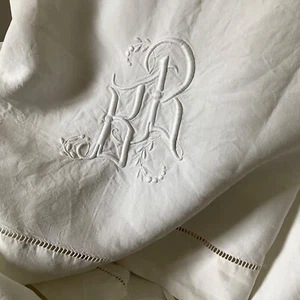 Fabulous Antique French Linen Heirloom Dowry Sheet Hemstitch Monogram "BR" - Picture 1 of 10