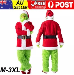 Book Week Adult Kids Grinch Santa Green Monster Costume 7Pcs Furry Santa Suit - Picture 1 of 21