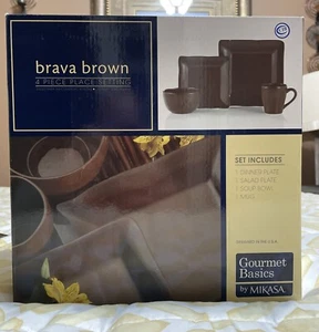 Gourmet Basics by Mikasa - Brava Brown Square 4 Piece Place Setting - NWB - Picture 1 of 7