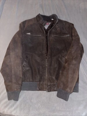 Chaqueta de Motociclista Levi's Cuero Genuino Marrón CAFE Talla Mediana Puños Tejidos De Colección Foto 1 de 4
