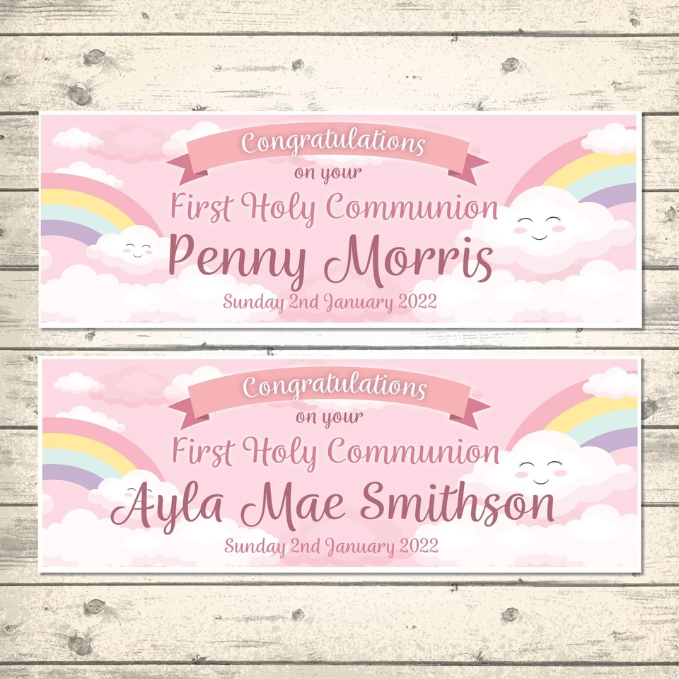 2 PERSONALIZADO 800 x 297mm BONITO ARCO IRIS ROSA PRIMERA SANTA COMUNIÓN  Foto 1 de 1