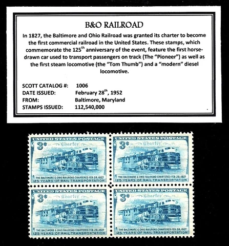 1952 - B&O RAILROAD -  Block of Four Vintage U.S. Postage Stamps Cover