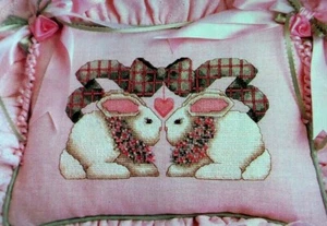 Cross Stitch Pattern BUNNY LOVE Pillow Cover Bunny Heart Ribbon Bow Alma Lynne - Picture 1 of 5