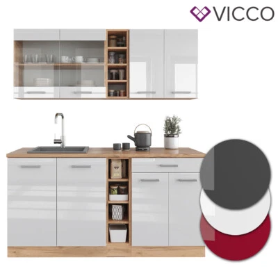 Küchenzeile Küchenblock Einbauküche R-Line Single Eiche Hochglanz 160 cm Vicco - Bild 1 von 2