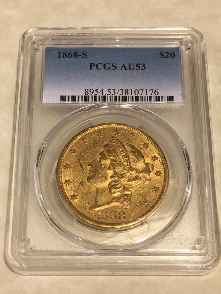 1868-S $20 PCGS AU53 Liberty Double Eagle Gold Coin good strike - Image 1 of 2