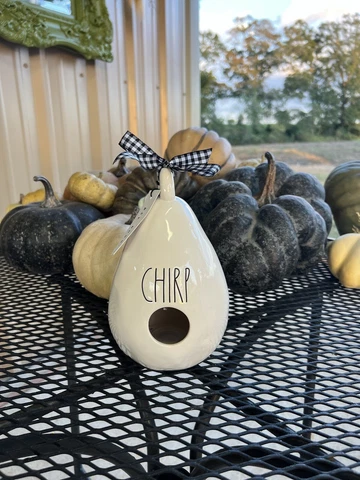 RAE DUNN CHIRP TEARDROP BIRDHOUSE BLACK & WHITE CHECKERED BOW Cover