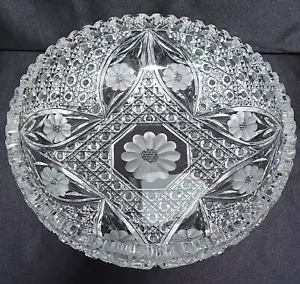 ABP American Brilliant Cut Glass Low Bowl 9 7/8" Sawtooth Floral Buttons Vintage - Picture 1 of 13