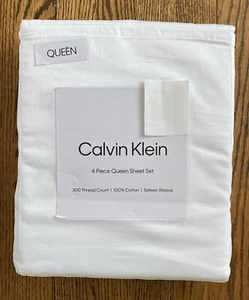 New! CALVIN KLEIN Queen Size Sateen White 100% Cotton 300 Thread Sheet Set - Picture 1 of 3