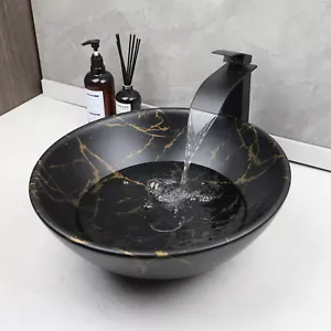Round Ceramic Basin Bowl Vanity Vessel Sink & Black Mixer Faucet Deck Mounted - Picture 1 of 10