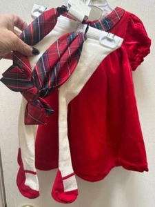 Christmas Baby Girl Dress 3 pc Outfit Tights Headband Red Velvet 3-6mo NWOT - Picture 1 of 7