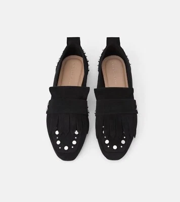 NWT Zara Studded Leather Loafers Black Suede Leather - Image 1 of 3