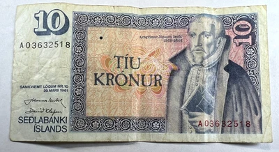 Islandia 1961 10 Diez Coronas, Primer Año Corona Nueva, Arngrímur Jónsson Foto 1 de 2