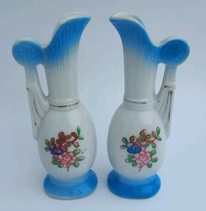 Set of 2 Vintage Hand Painted Blue Floral Vase Made In Japan 4"  Delicate Mini - Picture 1 of 13