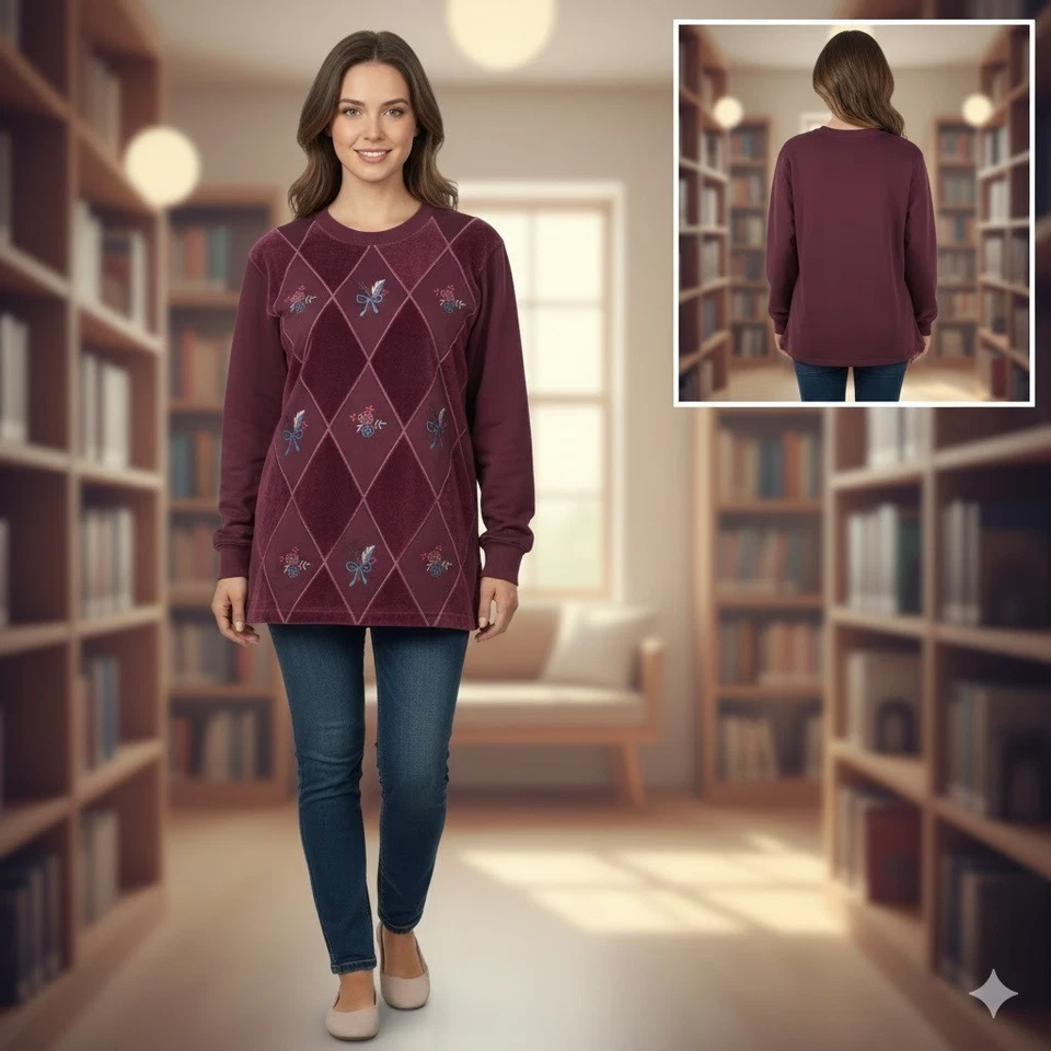 Moletom Alfred Dunner Feminino Pequeno Borgonha Veludo Diamante Floral Bordado - Imagem 1 de 4