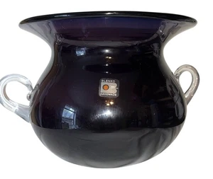 Blenko Purple Amethyst Bulbous Handblown Vase Rim Clear Handles Large - Picture 1 of 17