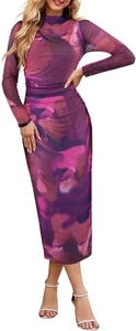 Women's Tie Dye Bodycon Maxi Dress, Long Sleeve Mesh Ruched Cocktail Dress M - Picture 1 of 8