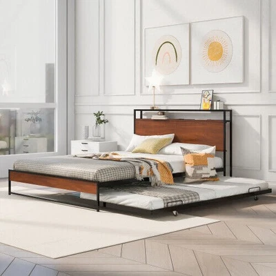 Queen Size Metal Platform Bed Frame with Trundle, USB Ports and Slat Support US - Image 1 of 4