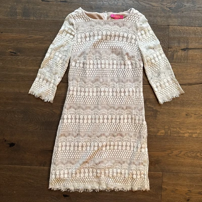 Vestido Catherine Malandrino Talla 10 Crochet Manga 3/4 Crema Marfil Forrado Encaje Foto 1 de 4