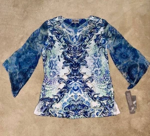 JM COLLECTION~LADIES S~BLUE PATTERNED TOP~JEWELS~SHEER SLEEVES~NWT - Picture 1 of 3