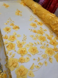 Yellow 3d Floral Satin Fabric Sold By The Yard  Embroidered Pearls Flowers Prom - Picture 1 of 14