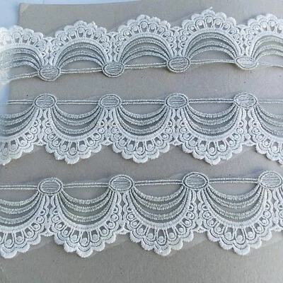 2 Yards Silver & White Embroidered Border Trim for Sewing/Crafts/Bridal/2" Wide  - Image 1 of 4