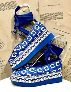 Anthropologie Farm Rio Blue Tan Espadrille Flatform Platform Raffia Sample 8 NEW - Picture 1 of 10