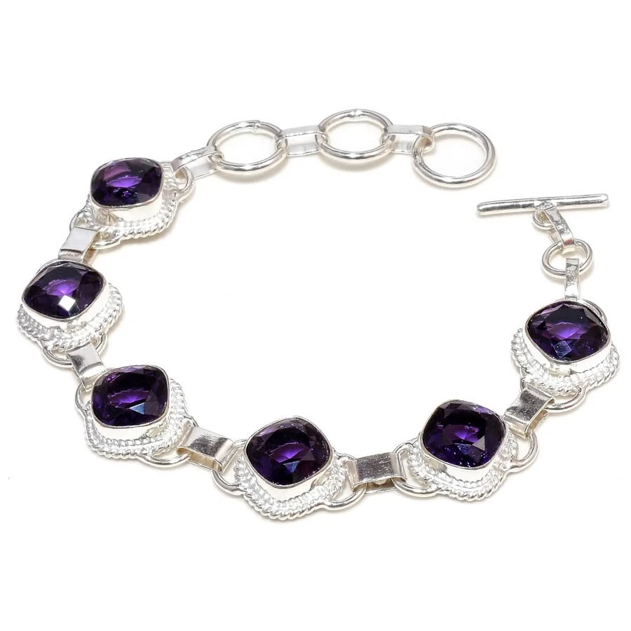 Purple Amethyst Gemstone Handmade 925 Sterling Silver Jewelry Bracelet Sz 7-8" - Image 1 of 1