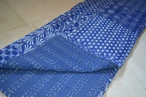 Indigo Blue Cotton Barmier block Kantha Quilt Indian Blanket Size King ! - Picture 1 of 8