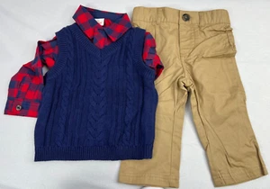 Baby Boys Cat & Jack 3-Piece Flannel Shirt, Sweater Vest, Twill Pants 6-9 Months - Picture 1 of 5