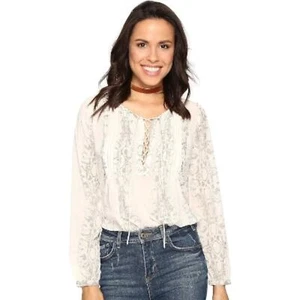 Lucky Brand Women's Reptile Print Sheer Peasant Top w/ Lace Up Front NWT Sz M - Picture 1 of 9