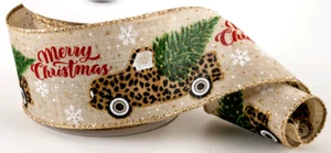 Leopard Truck Green Tree 2.5" by 5 yds Wired Ribbon Snowflakes Christmas Winter - Picture 1 of 3
