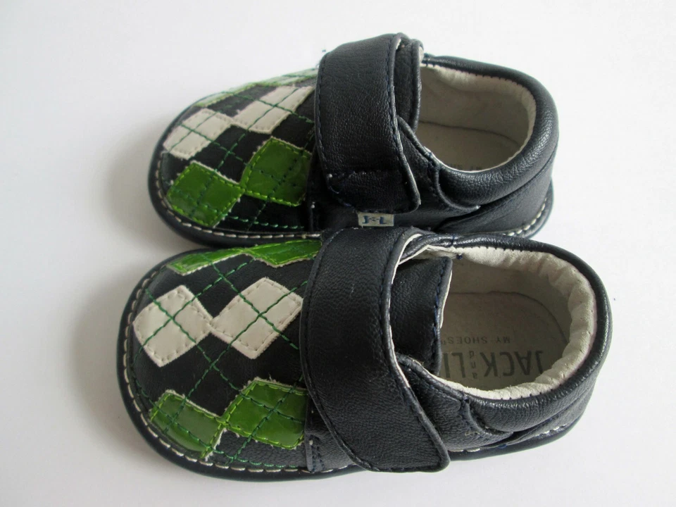 Jack and Lily Baby Shoes 12-18m. 4/5 Navy Blue Green Plaid Leather Hook & Loop - Image 1 of 4