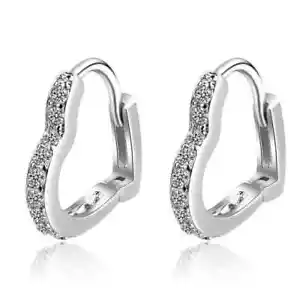 Shiny 925 Sterling Silver CZ Gem Love Heart Hoop Circle Huggie Earrings Gift - Picture 1 of 6