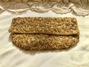 Gold Beaded Silk Fold Over Clutch La Regale Ltd Hong Kong - Picture 1 of 9