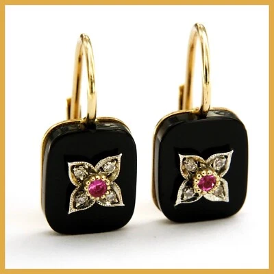 Orecchini in ORO Giallo 14 kt con RUBINO e ONICE Pendenti a Monachella da Donna - Immagine 1 di 4