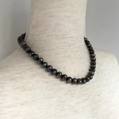 Colar de pérolas pavão escuro prata esterlina 925 9 mm fecho estilo caixa rosa 16" - Imagem 1 de 4