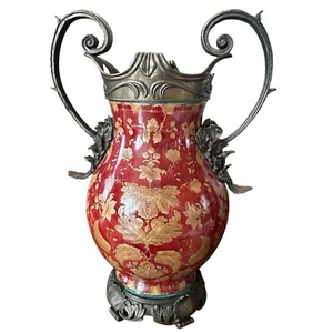 Wong Lee 1895 Porcelain Vase Bronze Handles Floral Red & Gold Tone Ornate 19" H - Picture 1 of 13