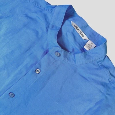 Linea Uomo Linen Blend Shirt Band Collar Short Sleeve Blue 4X - Image 1 of 4