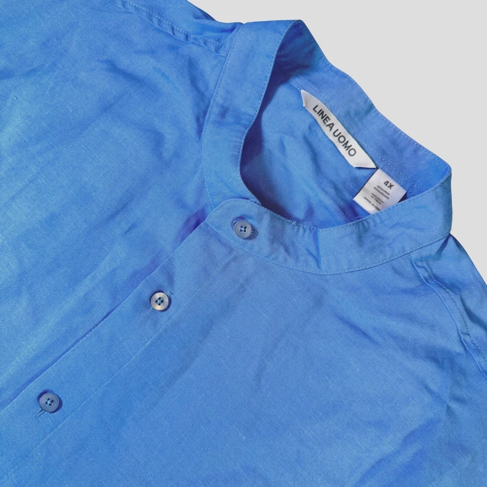 Linea Uomo Linen Blend Shirt Band Collar Short Sleeve Blue 4X - Image 1 of 4